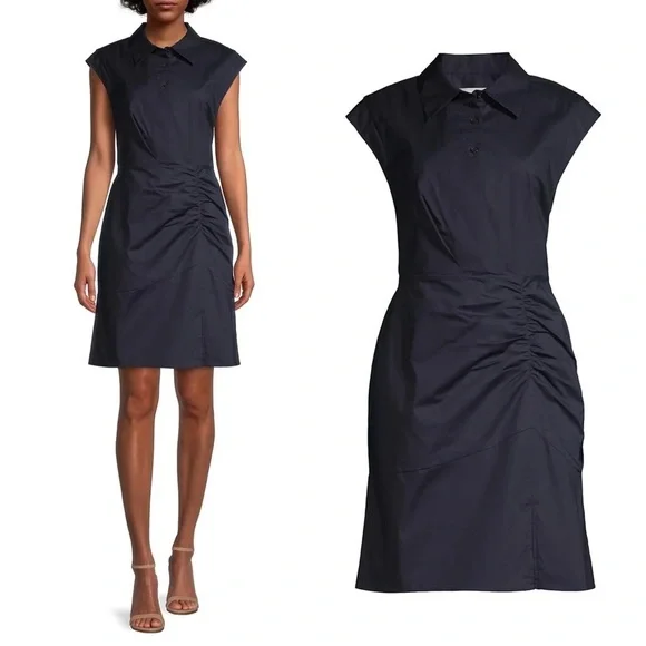 MILLY • Maxwell Ruched Poplin Shirtdress navy cap sleeve sheath dress fitted